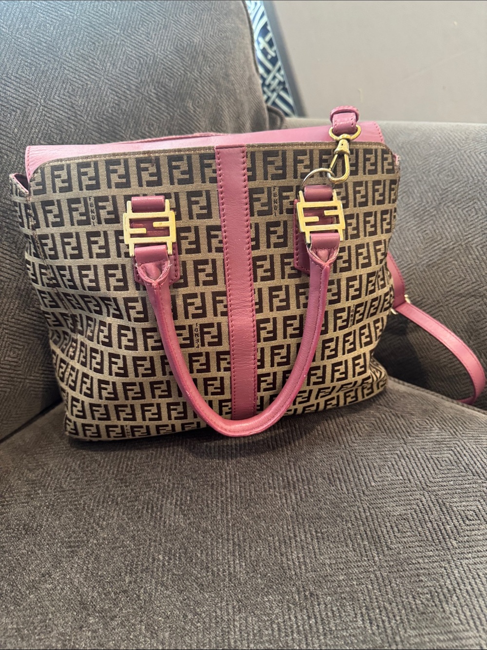 Fendi Brown Monogram Shoulder Bag with Pink Trim